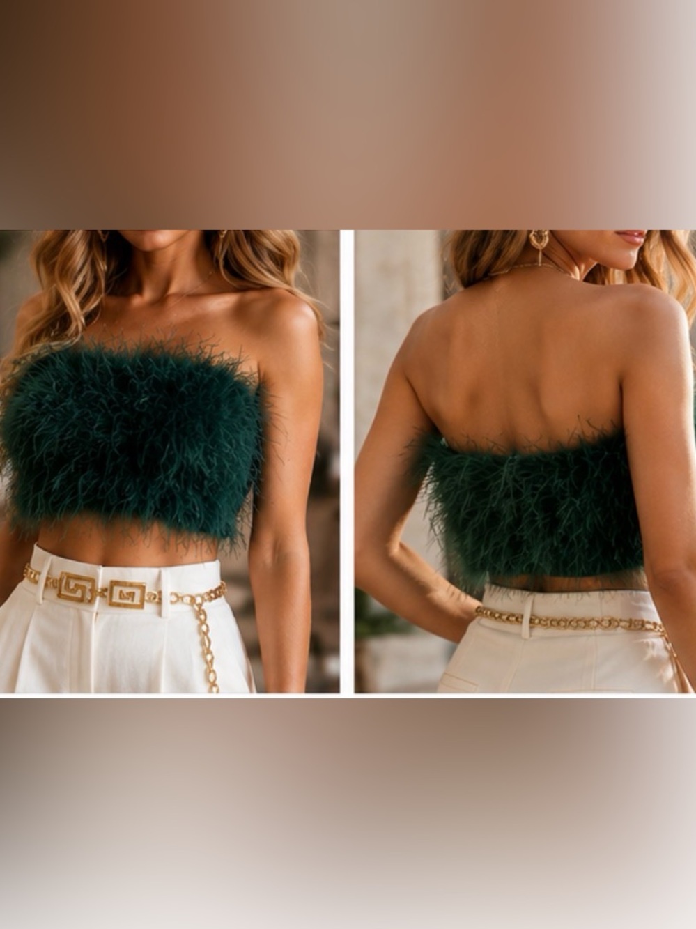 12th Tribe Feather-Trim Forest Green Strapless Crop Top - Picture 3 of 6